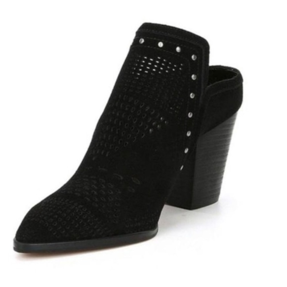 Gibson & Latimer Nora Black Perforated Suede Studded Mules Block Heel Size 9.5M‎
